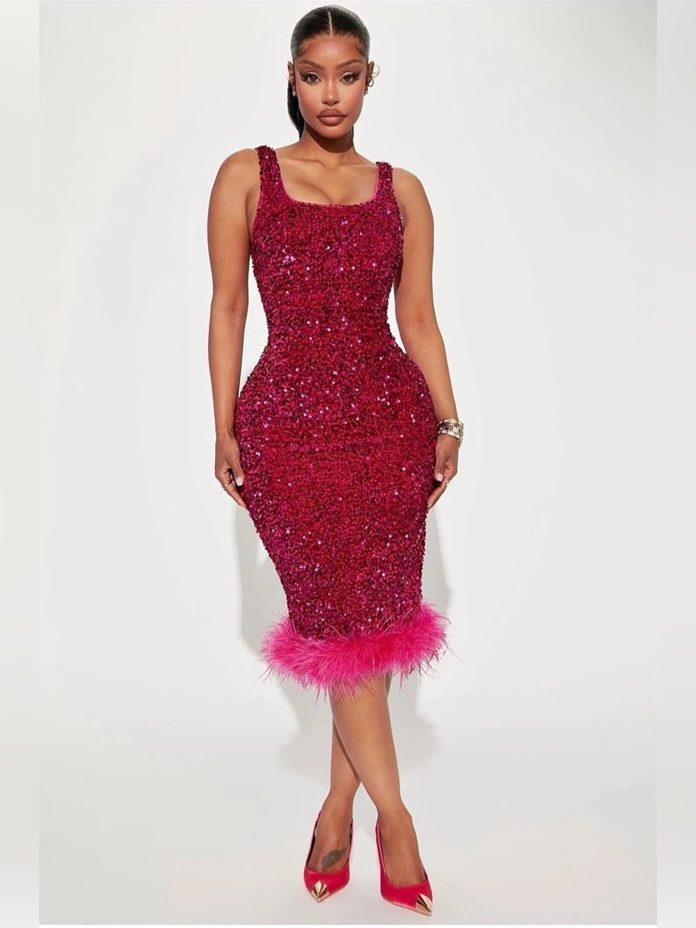 Magenta Sequin Midi Dress Feather Trim Square Neck Glam Formal Party